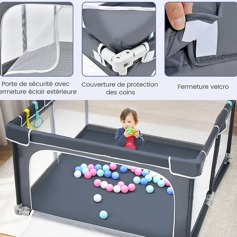 Giantex Parc Bébé 10 Mois à 6 Ans Parc Bebe en maille avec Balles et 4 Anneaux Centre activités de Parc Enfant Gris Foncé- Barrière De Sécurité