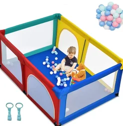 Giantex Barrière De Sécurité<Parc Bébé 10 Mois à 6 Ans Parc Bebe en maille avec Balles et 4 Anneaux Centre activités de Parc Enfant Multicolore