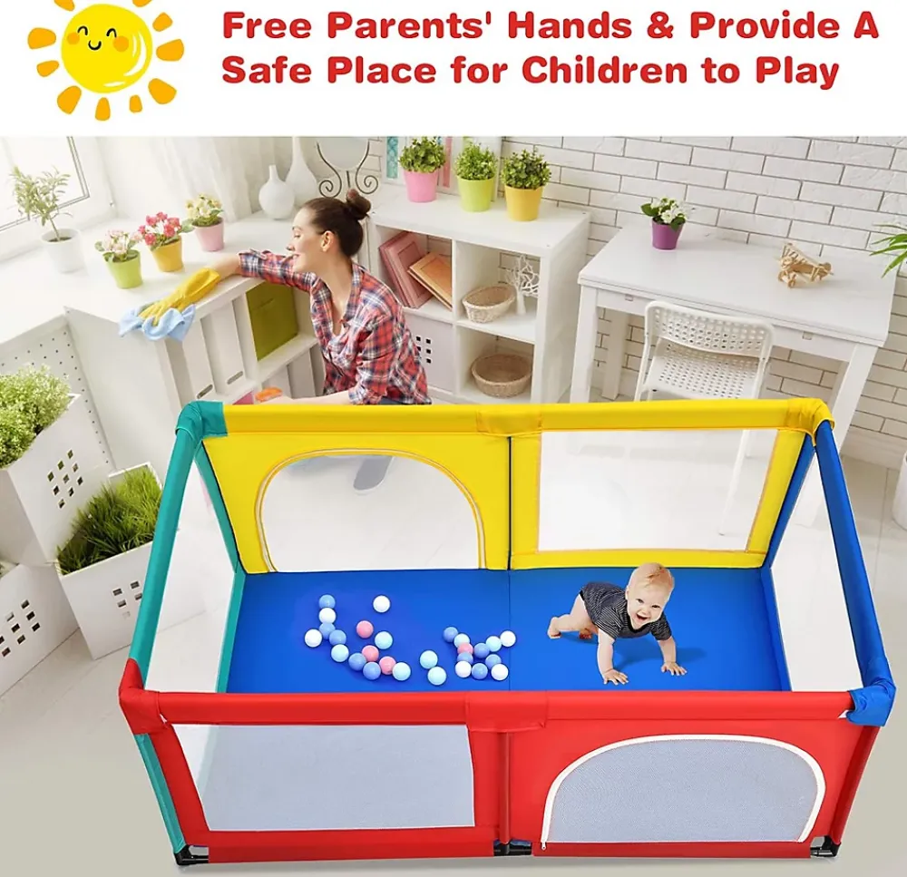 Giantex Barrière De Sécurité<Parc Bébé 10 Mois à 6 Ans Parc Bebe en maille avec Balles et 4 Anneaux Centre activités de Parc Enfant Multicolore