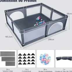 Giantex Barrière De Sécurité<Parc Bébé 10 Mois à 6 Ans Parc Bebe en maille avec Balles et 4 Anneaux Centre activités de Parc Enfant Gris Fonce