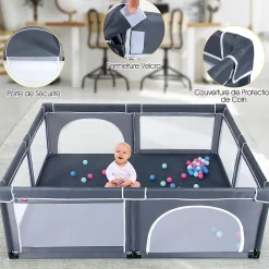 Giantex Barrière De Sécurité<Parc Bébé 10 Mois à 6 Ans Parc Bebe en maille avec Balles et 4 Anneaux Centre activités de Parc Enfant Gris Fonce