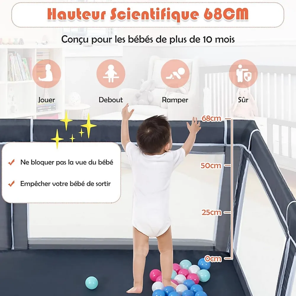 Giantex Barrière De Sécurité<Parc Bébé 10 Mois à 6 Ans Parc Bebe en maille avec Balles et 4 Anneaux Centre activités de Parc Enfant Gris Fonce
