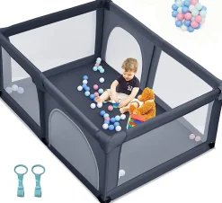 Giantex Barrière De Sécurité<Parc Bébé 10 Mois à 6 Ans Parc Bebe en maille avec Balles et 4 Anneaux Centre activités de Parc Enfant Bleu