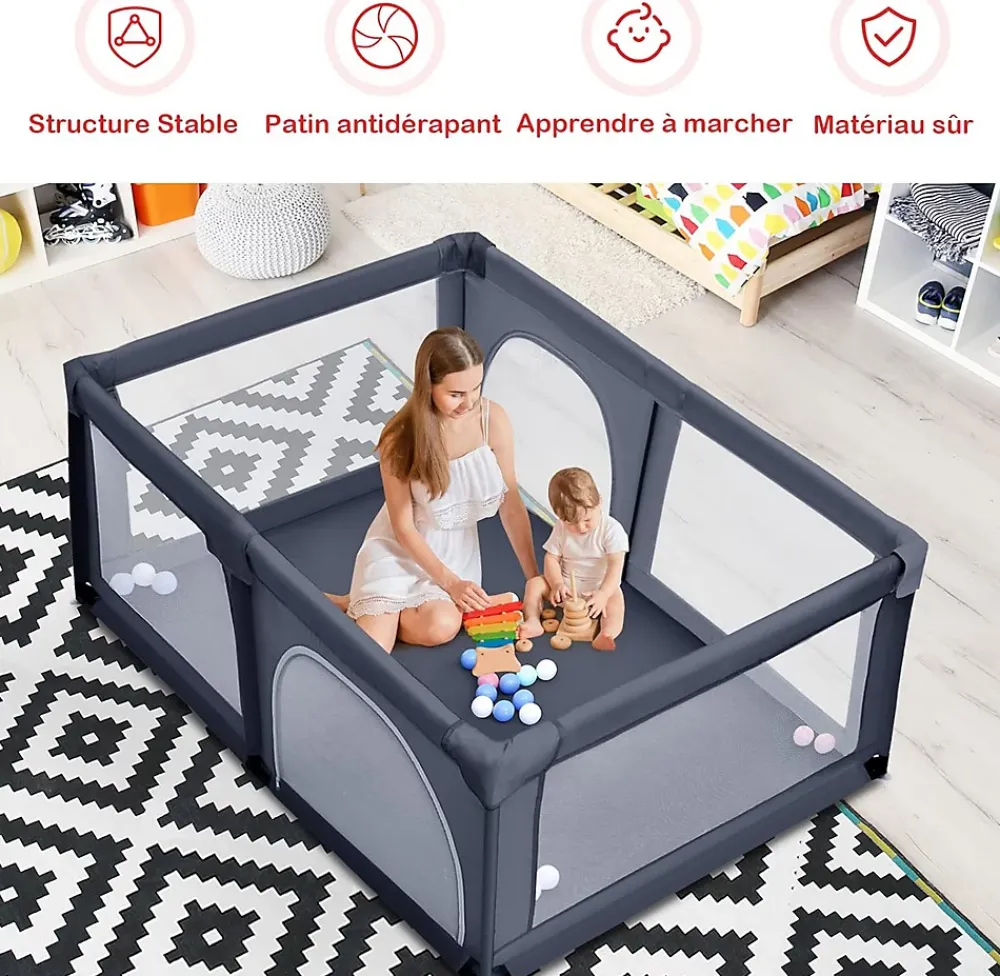 Giantex Barrière De Sécurité<Parc Bébé 10 Mois à 6 Ans Parc Bebe en maille avec Balles et 4 Anneaux Centre activités de Parc Enfant Bleu