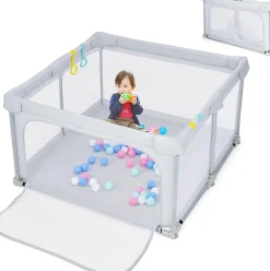 Giantex Barrière De Sécurité<Parc Bébé 10 Mois à 6 Ans Parc Bebe en maille avec Balles et 4 Anneaux Centre activités de Parc Enfant Gris