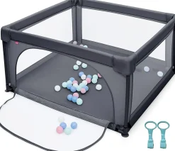 Giantex Parc Bébé 10 Mois à 6 Ans Parc Bebe en maille avec Balles Centre activités de Parc Enfant Gris Foncé- Barrière De Sécurité
