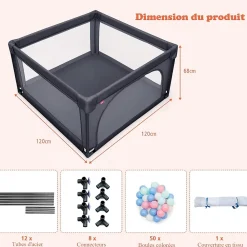 Giantex Parc Bébé 10 Mois à 6 Ans Parc Bebe en maille avec Balles Centre activités de Parc Enfant Gris Foncé- Barrière De Sécurité