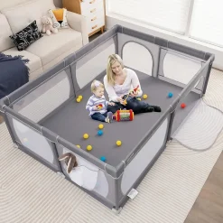 Giantex Barrière De Sécurité<Parc Bébé avec 50 Boules Océaniques et Grande Porte à Fermeture Éclair, Sac Portable, Aire de Jeu 206 x 147 x 68,5CM, Gris