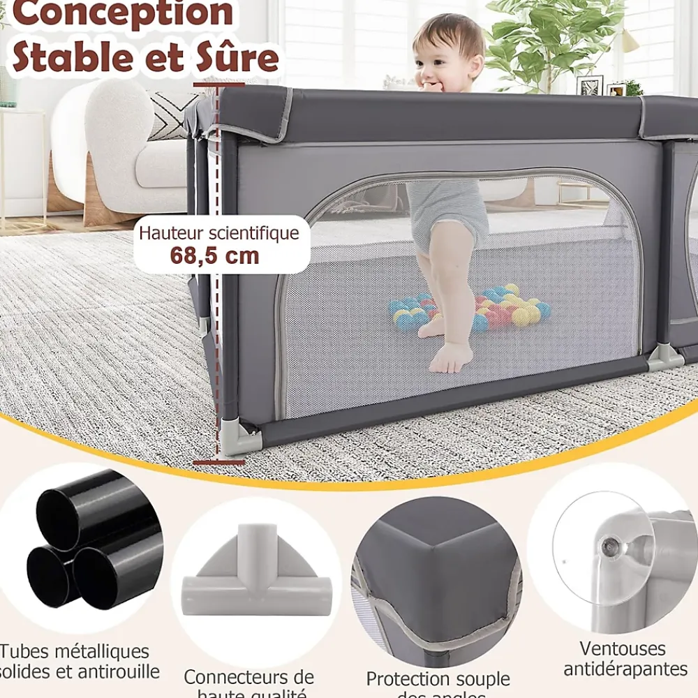 Giantex Barrière De Sécurité<Parc Bébé avec 50 Boules Océaniques et Grande Porte à Fermeture Éclair, Sac Portable, Aire de Jeu 206 x 147 x 68,5CM, Gris
