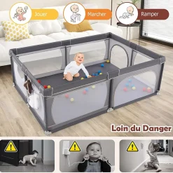 Giantex Barrière De Sécurité<Parc Bébé avec 50 Boules Océaniques et Grande Porte à Fermeture Éclair, Sac Portable, Aire de Jeu 206 x 147 x 68,5CM, Gris