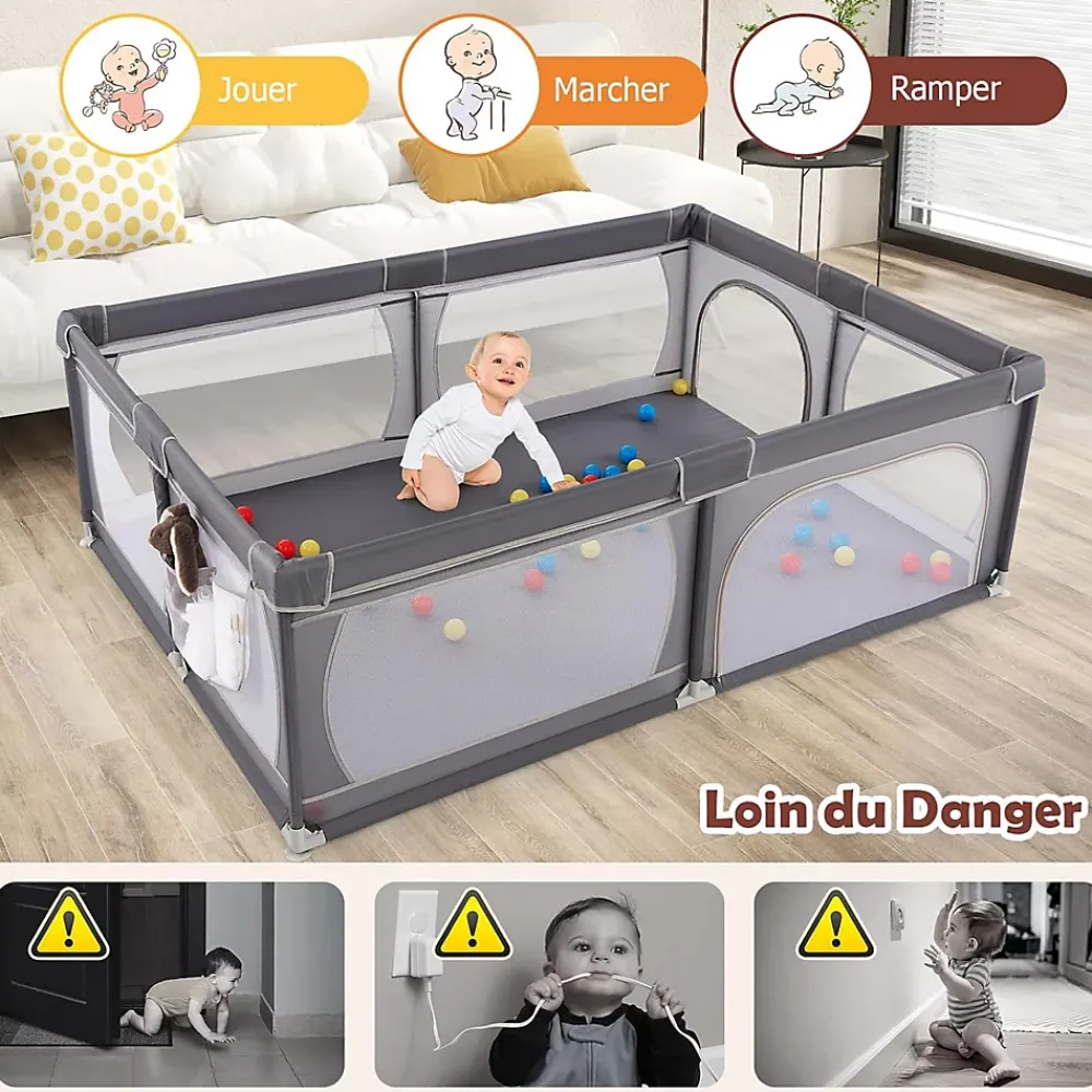 Giantex Barrière De Sécurité<Parc Bébé avec 50 Boules Océaniques et Grande Porte à Fermeture Éclair, Sac Portable, Aire de Jeu 206 x 147 x 68,5CM, Gris