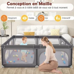 Giantex Barrière De Sécurité<Parc Bébé avec 50 Boules Océaniques et Grande Porte à Fermeture Éclair, Sac Portable, Aire de Jeu 206 x 147 x 68,5CM, Gris