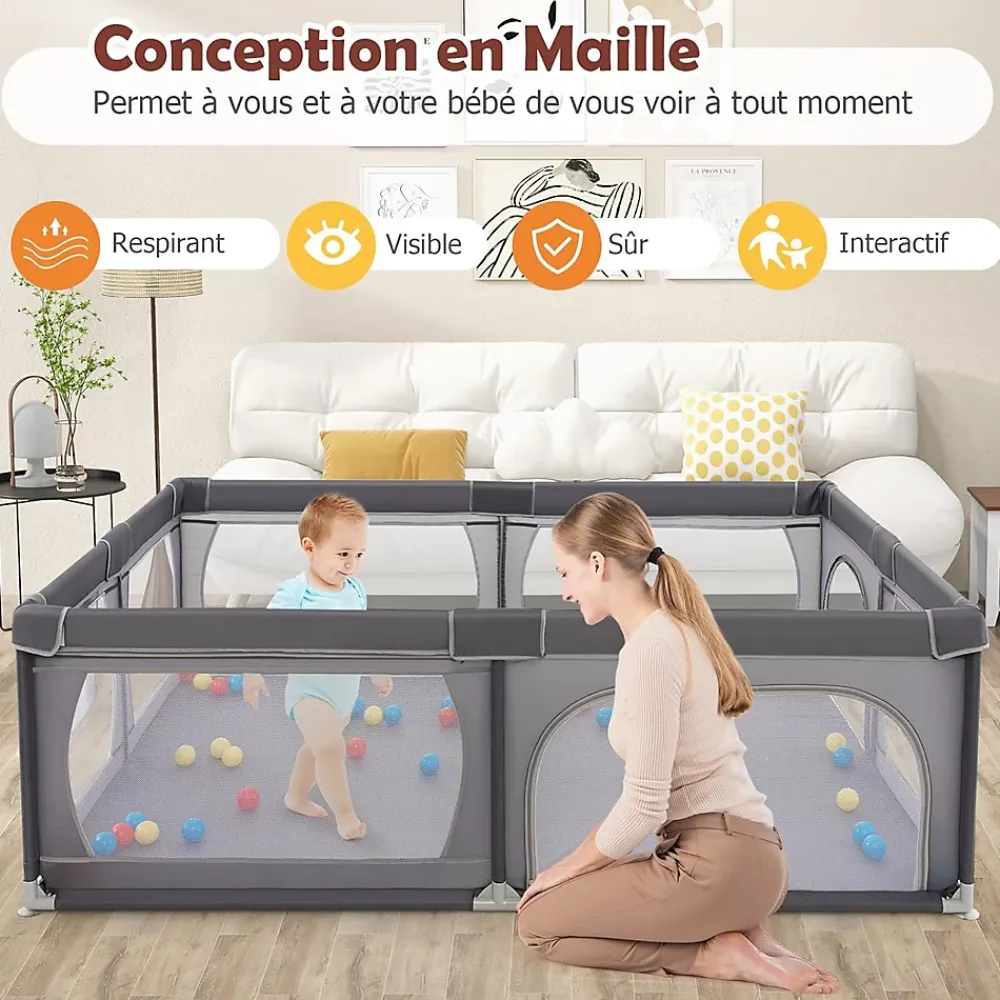 Giantex Barrière De Sécurité<Parc Bébé avec 50 Boules Océaniques et Grande Porte à Fermeture Éclair, Sac Portable, Aire de Jeu 206 x 147 x 68,5CM, Gris