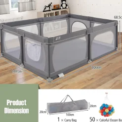 Giantex Barrière De Sécurité<Parc Bébé avec 50 Boules Océaniques et Grande Porte à Fermeture Éclair, Sac Portable, Aire de Jeu 206 x 147 x 68,5CM, Gris