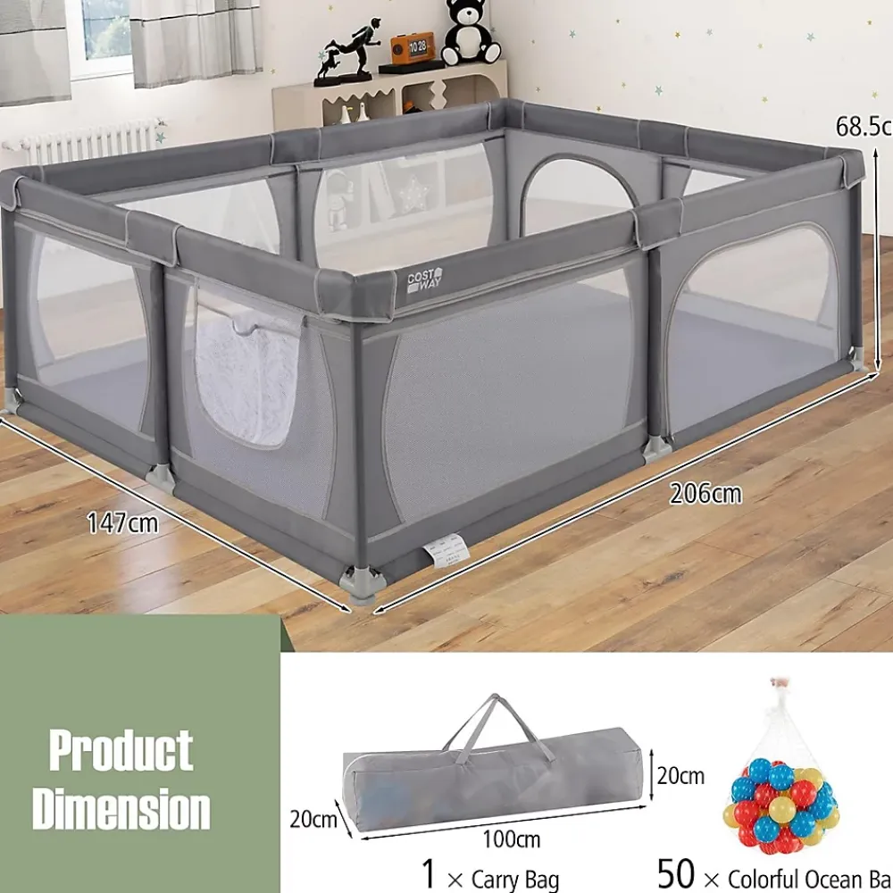 Giantex Barrière De Sécurité<Parc Bébé avec 50 Boules Océaniques et Grande Porte à Fermeture Éclair, Sac Portable, Aire de Jeu 206 x 147 x 68,5CM, Gris