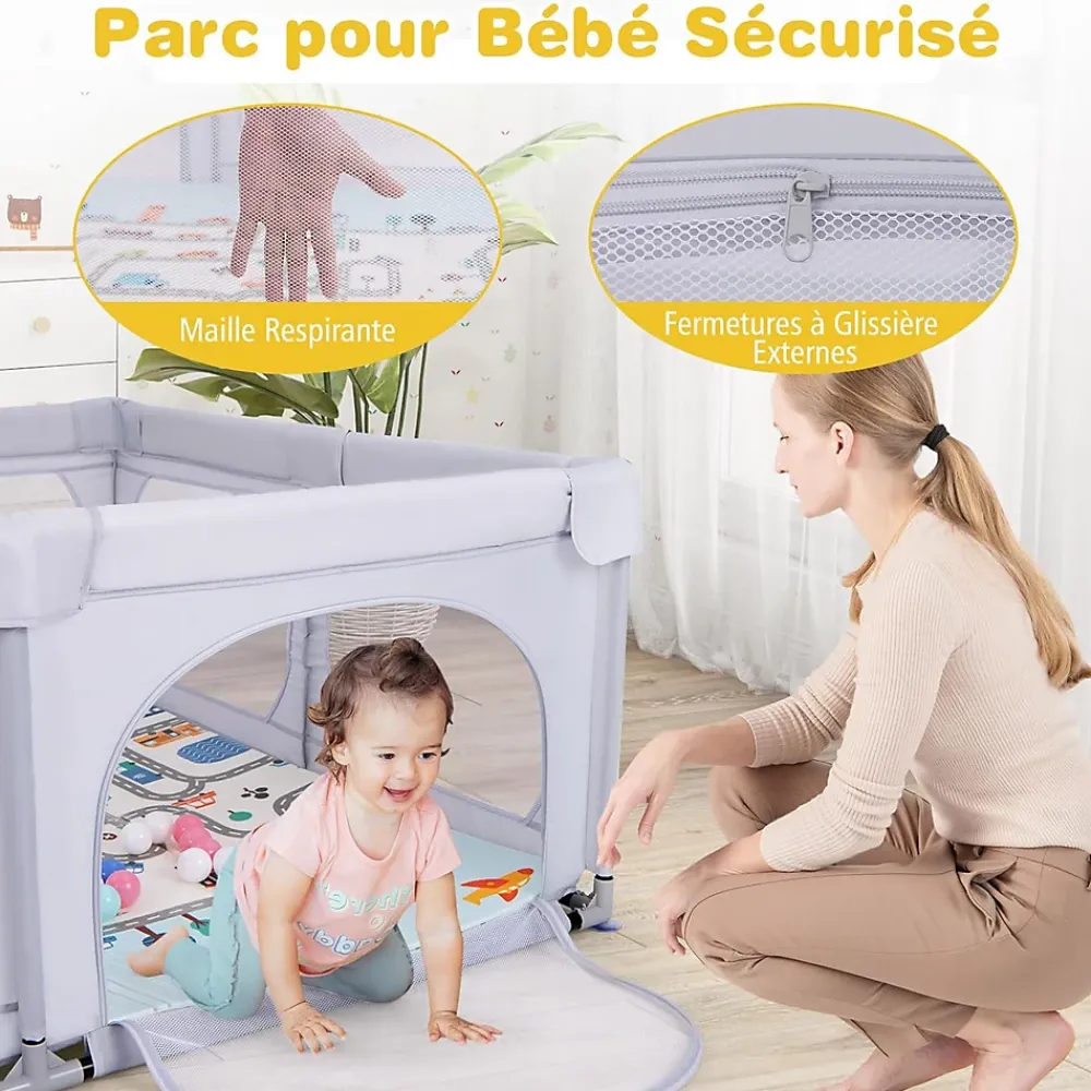 Giantex Barrière De Sécurité<Parc Bébé avec Tapi Grand Parc Bébé avec 4 Anneaux de Traction 50 Balles Océaniques Sac de Transport Parc en Maille Gris