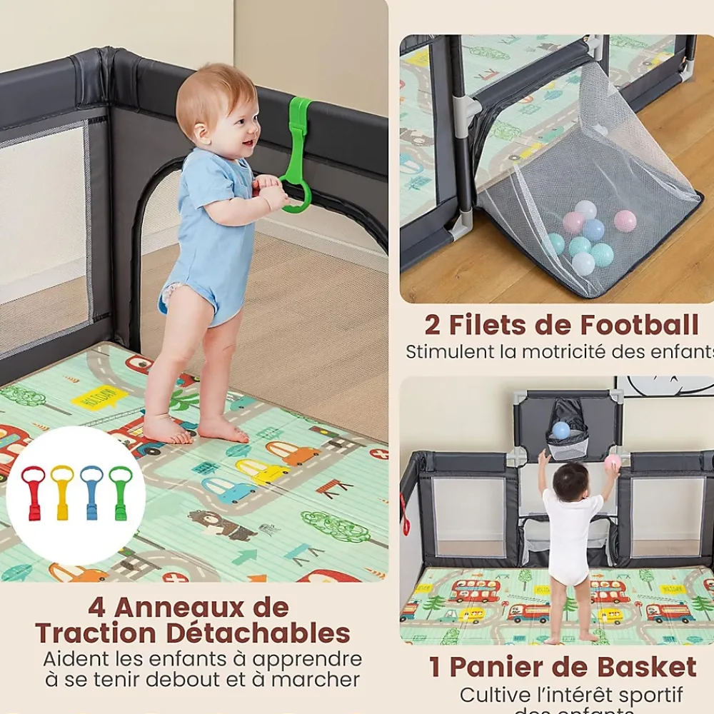 Giantex Parc Bebe avec 50 Balles Océaniques, Parc Enfant avec Panier de Basket, Porte Zippée, Gris Foncé, 88 x 157 x 100 cm- Barrière De Sécurité