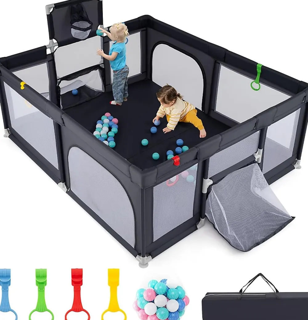 Giantex Parc Bebe avec 50 Balles Océaniques, Parc Enfant avec Panier de Basket, Porte Zippée, Gris Foncé, 88 x 157 x 100 cm- Barrière De Sécurité