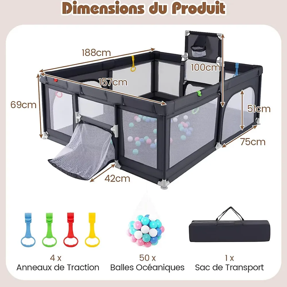 Giantex Parc Bebe avec 50 Balles Océaniques, Parc Enfant avec Panier de Basket, Porte Zippée, Gris Foncé, 88 x 157 x 100 cm- Barrière De Sécurité