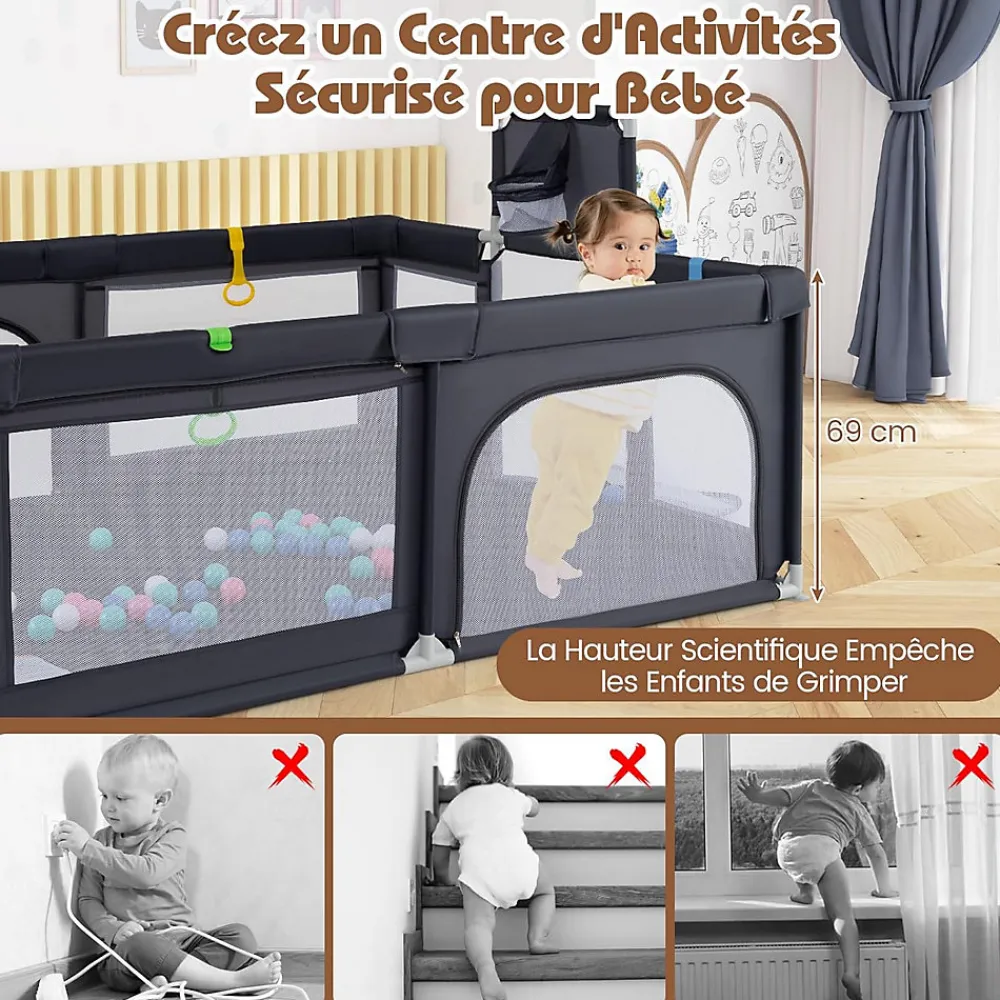 Giantex Parc Bebe avec 50 Balles Océaniques, Parc Enfant avec Panier de Basket, Porte Zippée, Gris Foncé, 88 x 157 x 100 cm- Barrière De Sécurité
