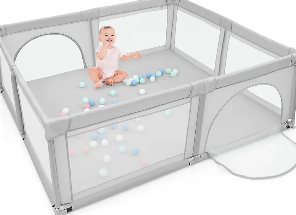 Giantex Barrière De Sécurité<Parc Bebe Centre activites de Parc Enfants Parc Interieur Exterieur 2 Ouvertures de Porte Grille de Protection Stable Gris