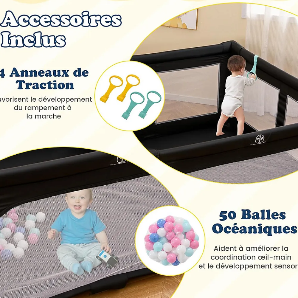 Giantex Barrière De Sécurité<Parc Bebe Pliable avec 50 Balles Océaniques, 150 x 150 x 76,5 cm, Parc Enfant sans BPA pour Tout-petits, Filet Respirant, Gris