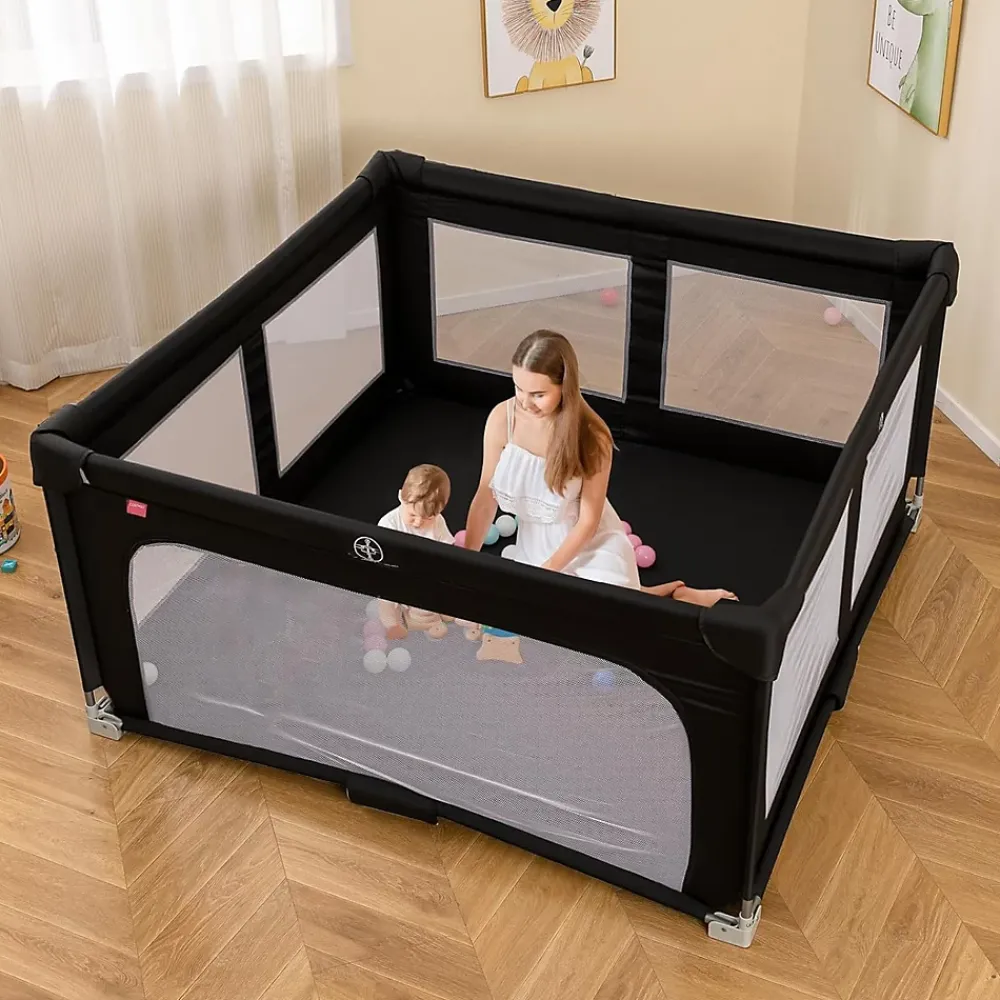 Giantex Barrière De Sécurité<Parc Bebe Pliable avec 50 Balles Océaniques, 150 x 150 x 76,5 cm, Parc Enfant sans BPA pour Tout-petits, Filet Respirant, Gris