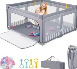 Giantex Parc Bebe Pliable avec 50 Balles Océaniques, 150 x 150 x 76,5 cm, Parc Enfant sans BPA pour Tout-petits, Filet Respirant, Gris- Barrière De Sécurité