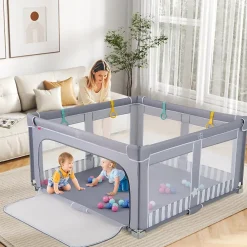 Giantex Parc Bebe Pliable avec 50 Balles Océaniques, 150 x 150 x 76,5 cm, Parc Enfant sans BPA pour Tout-petits, Filet Respirant, Gris- Barrière De Sécurité