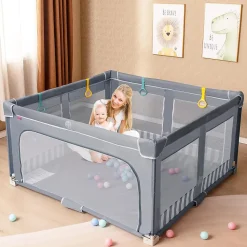Giantex Parc Bebe Pliable avec 50 Balles Océaniques, 150 x 150 x 76,5 cm, Parc Enfant sans BPA pour Tout-petits, Filet Respirant, Gris- Barrière De Sécurité