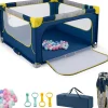 Giantex Barrière De Sécurité<Parc Bebe Pliable 127x127cm, Parc Enfant Modulable avec 50 Balles Océaniques, 4 Poignées, Maille Respirante, Bleu