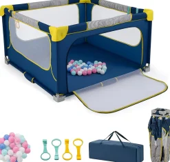 Giantex Barrière De Sécurité<Parc Bebe Pliable 127x127cm, Parc Enfant Modulable avec 50 Balles Océaniques, 4 Poignées, Maille Respirante, Bleu