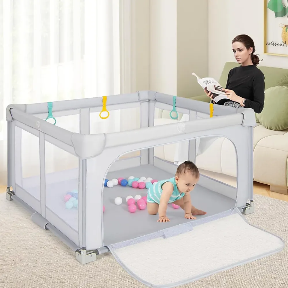 Giantex Parc Bebe Pliable 127x127cm, Parc Enfant Modulable avec 50 Balles Océaniques, 4 Poignées, Maille Respirante, Bleu- Barrière De Sécurité