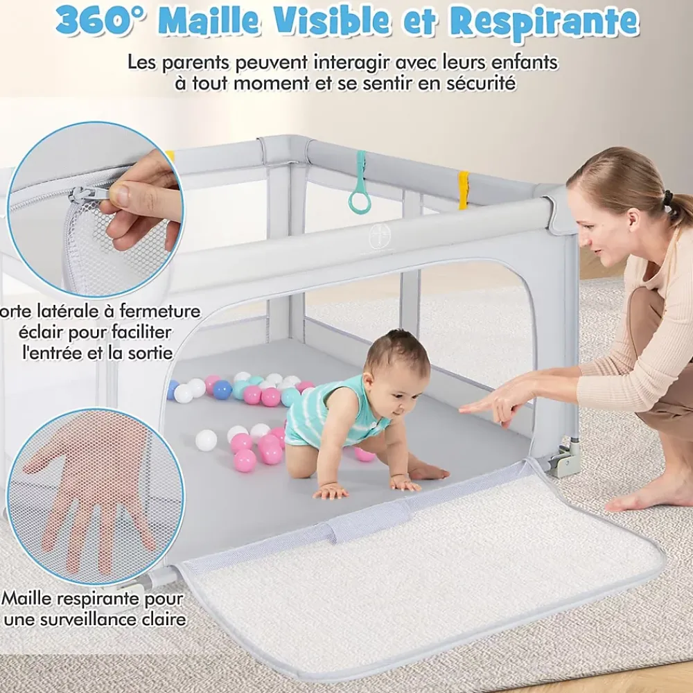 Giantex Parc Bebe Pliable 127x127cm, Parc Enfant Modulable avec 50 Balles Océaniques, 4 Poignées, Maille Respirante, Bleu- Barrière De Sécurité