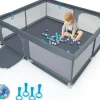 Giantex Barrière De Sécurité<Parc pour Bébé Parc de Jeu Tout Petit avec Maille Respirante 4 Anneaux Balles Océaniques Barrière avec Porte Gris