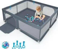 Giantex Barrière De Sécurité<Parc pour Bébé Parc de Jeu Tout Petit avec Maille Respirante 4 Anneaux Balles Océaniques Barrière avec Porte Gris