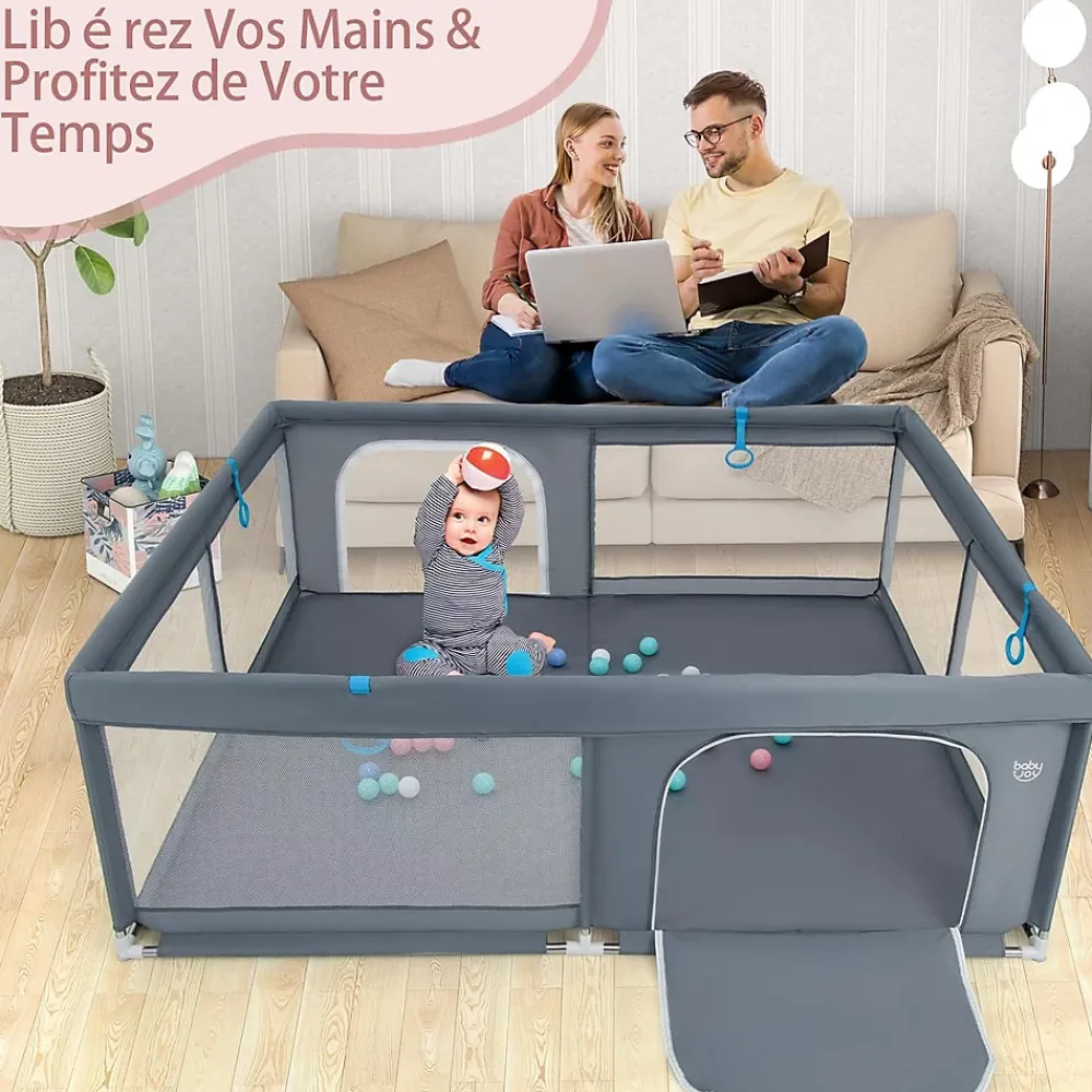Giantex Barrière De Sécurité<Parc pour Bébé Parc de Jeu Tout Petit avec Maille Respirante 4 Anneaux Balles Océaniques Barrière avec Porte Gris