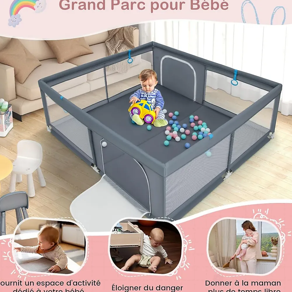 Giantex Barrière De Sécurité<Parc pour Bébé Parc de Jeu Tout Petit avec Maille Respirante 4 Anneaux Balles Océaniques Barrière avec Porte Gris