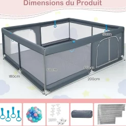 Giantex Barrière De Sécurité<Parc pour Bébé Parc de Jeu Tout Petit avec Maille Respirante 4 Anneaux Balles Océaniques Barrière avec Porte Gris