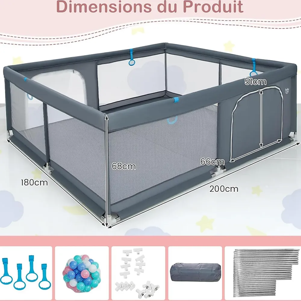 Giantex Barrière De Sécurité<Parc pour Bébé Parc de Jeu Tout Petit avec Maille Respirante 4 Anneaux Balles Océaniques Barrière avec Porte Gris