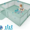 Giantex Barrière De Sécurité<Parc pour Bébé Parc de Jeu Tout Petit avec Maille Respirante 4 Anneaux Balles Océaniques Barrière avec Porte Vert