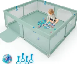Giantex Barrière De Sécurité<Parc pour Bébé Parc de Jeu Tout Petit avec Maille Respirante 4 Anneaux Balles Océaniques Barrière avec Porte Vert