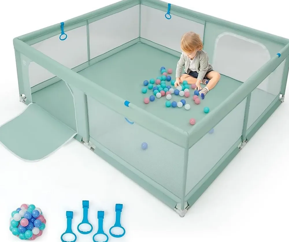 Giantex Barrière De Sécurité<Parc pour Bébé Parc de Jeu Tout Petit avec Maille Respirante 4 Anneaux Balles Océaniques Barrière avec Porte Vert