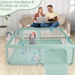 Giantex Barrière De Sécurité<Parc pour Bébé Parc de Jeu Tout Petit avec Maille Respirante 4 Anneaux Balles Océaniques Barrière avec Porte Vert