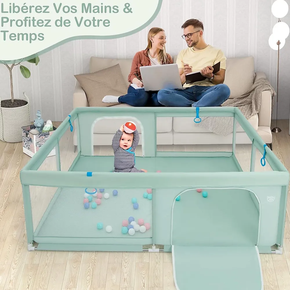 Giantex Barrière De Sécurité<Parc pour Bébé Parc de Jeu Tout Petit avec Maille Respirante 4 Anneaux Balles Océaniques Barrière avec Porte Vert
