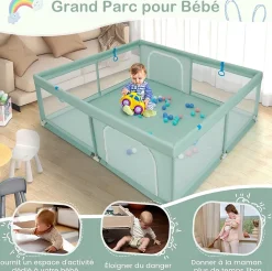 Giantex Barrière De Sécurité<Parc pour Bébé Parc de Jeu Tout Petit avec Maille Respirante 4 Anneaux Balles Océaniques Barrière avec Porte Vert