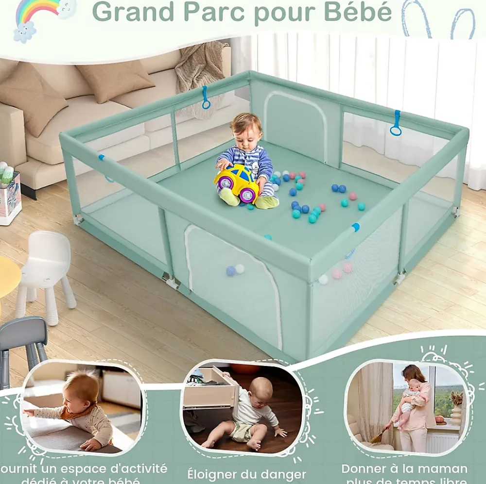 Giantex Barrière De Sécurité<Parc pour Bébé Parc de Jeu Tout Petit avec Maille Respirante 4 Anneaux Balles Océaniques Barrière avec Porte Vert