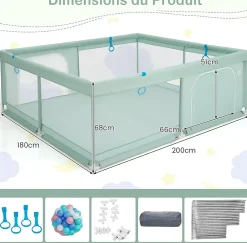 Giantex Barrière De Sécurité<Parc pour Bébé Parc de Jeu Tout Petit avec Maille Respirante 4 Anneaux Balles Océaniques Barrière avec Porte Vert