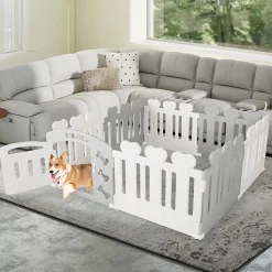 Giantex Parc pour Chiots 7 Panneaux 1 Porte en Plastique, pour Petits Chiens Et Chats, 155 x 155 x 60 CM, Beige- Barrière De Sécurité