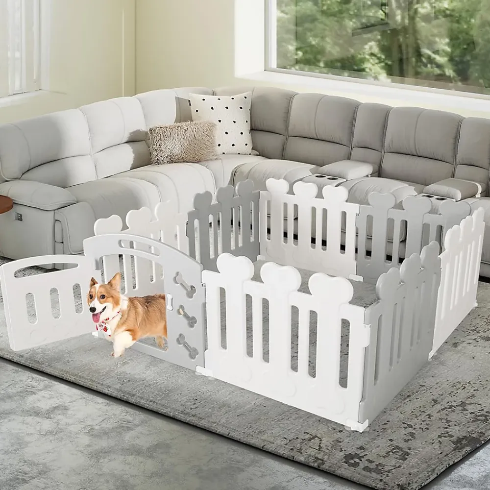 Giantex Parc pour Chiots 7 Panneaux 1 Porte en Plastique, pour Petits Chiens Et Chats, 155 x 155 x 60 CM, Beige- Barrière De Sécurité